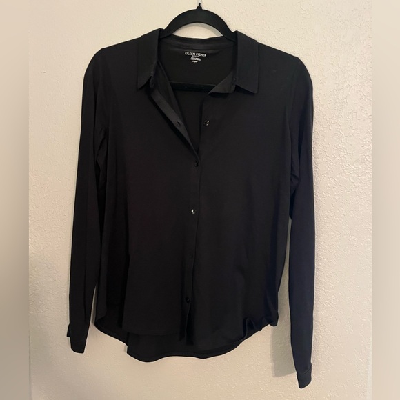 Eileen Fisher Organic Cotton Poplin Classic Collar Button Up Black Shirt PS PP - Picture 3 of 7